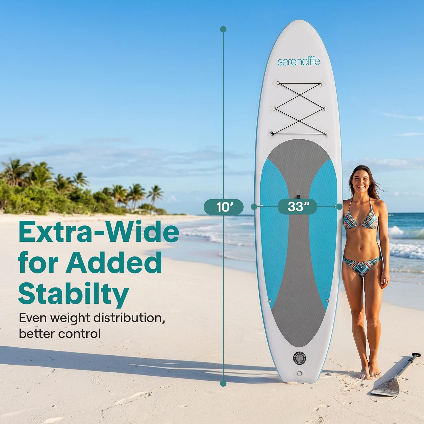 SereneLife Inflatable Stand Up Paddle Board - Wide Stable Design, Non-Slip Deck for Adults & Youth with Premium Paddle Board Accessories: Carry Bag, Dual Action Pump, Paddle, Ankle Leash - 10'