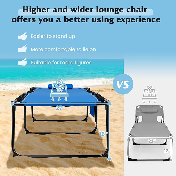 GYMAX Lounge Chair for Outside, 440lbs 27” Oversize Folding Beach Tanning Sunbath Chair with Adjustable Backrest & Removable Pillow, Lightweight Portable Patio Lounger for Lawn Poolside (Blue,2)