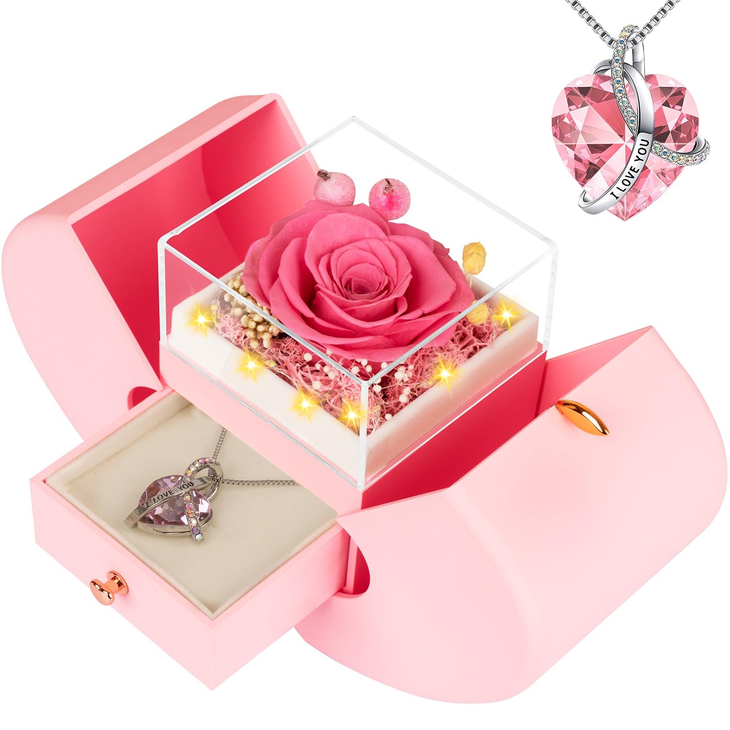 BNWXOY Preserved Real Pink Rose Birthday Gifts for Women Her Mom Wife Girlfriend Grandma with l Love You Necklace Eternal Forever Rose Flowers on Anniversary Valentine's Day Mothers Day Christmas