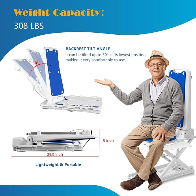 Electric Chair Lift for Senior, Remote Control Floor Lift with Padded Backseat, Bathtub Lift Elderly from Floor, Net Weight 24 LBS, Support Max 308 LBS, Safety and Waterproof Design, Include Charger
