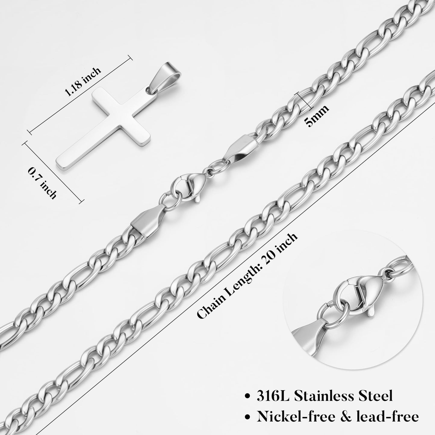 IEFLIFE Cross Necklace Gifts for Brother - Stainless Steel Silver Figaro Chain Cross Necklace for Men Brother Gifts from Sister Fathers Day Birthday Gift for Men Necklaces