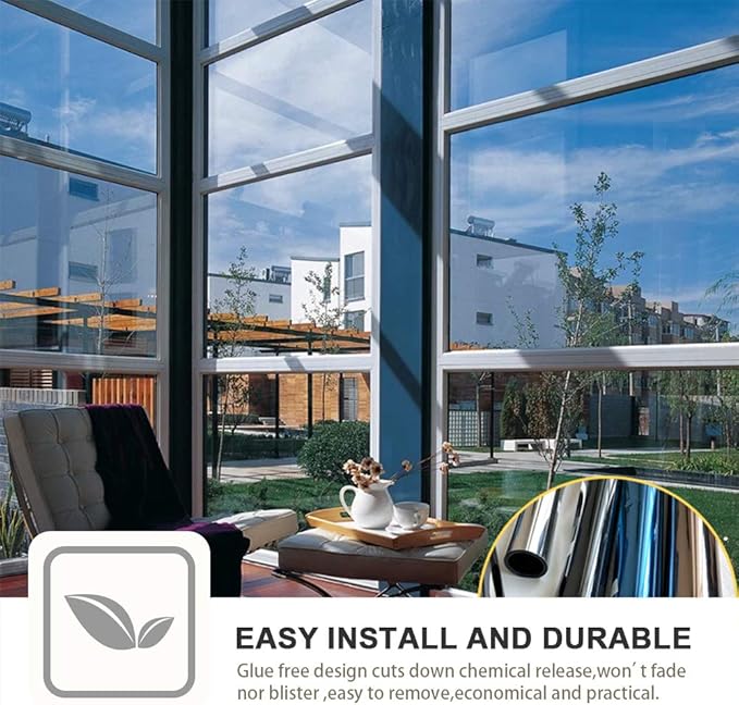 Window Privacy Film One Way Daytime Mirror Tint Treatments UV Heat Control Vinyl Stickers Sun Block Glass Paper Door Covering Reflective (Black Silver, 35.4 Inch x 26.2 Feet)