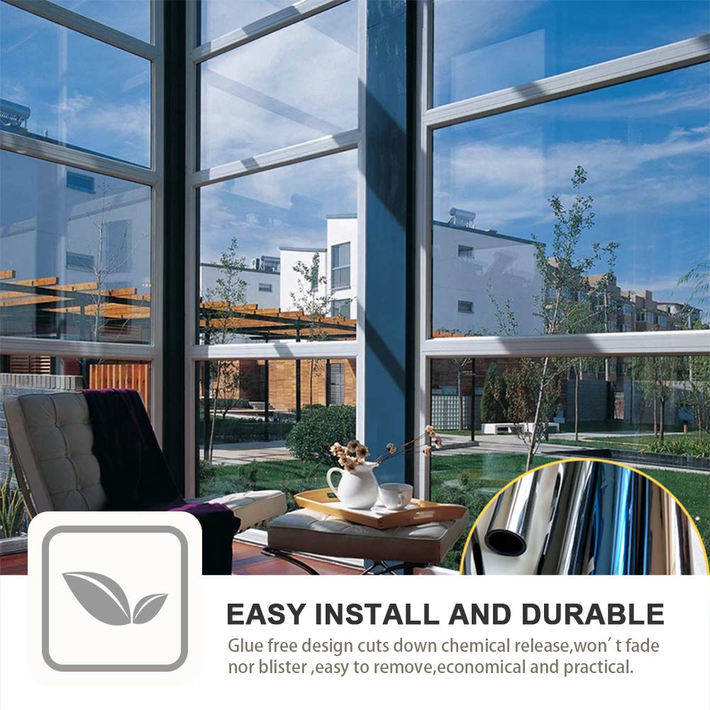 Filmgoo One Way Privacy Film, Window Tint for Home, Mirror Vinyl Roll Heat Control Anti UV Static Cling Sliding Door Coverings No Glue Garage Solar Paper (Black Silver,17.5 Inch X 94.48 Inch)
