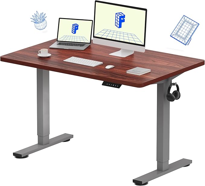 FLEXISPOT EN1 One-Piece Standing Desk with 1-Inch Thick Desktop, 48"x30" Electric Height Adjustable Desk for Home Office & Multi-Device Workstations, Mahogany(Silver Frame)