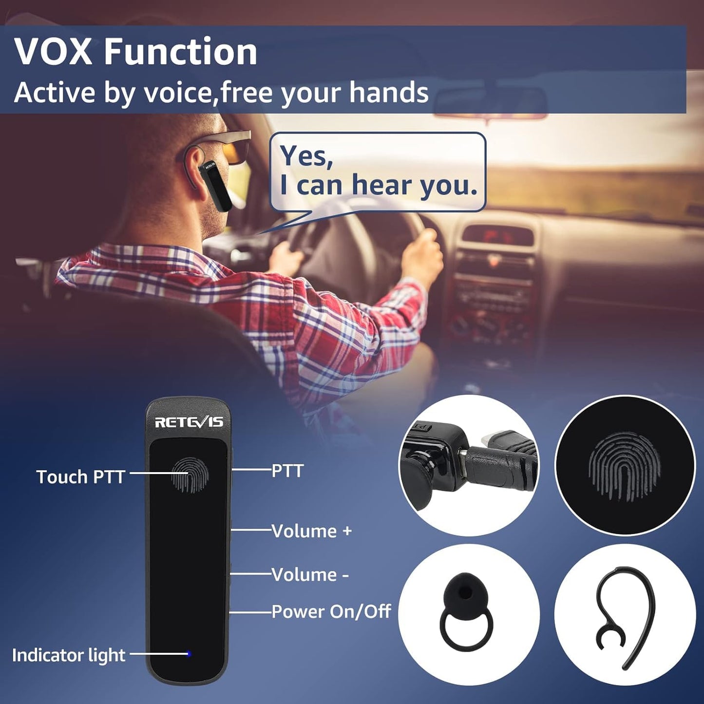 Retevis RB37 Bluetooth Walkie Talkies, 2000mAh, 120h Standby, Wireless Earpiece, Flashlight, Black, 4 Pack