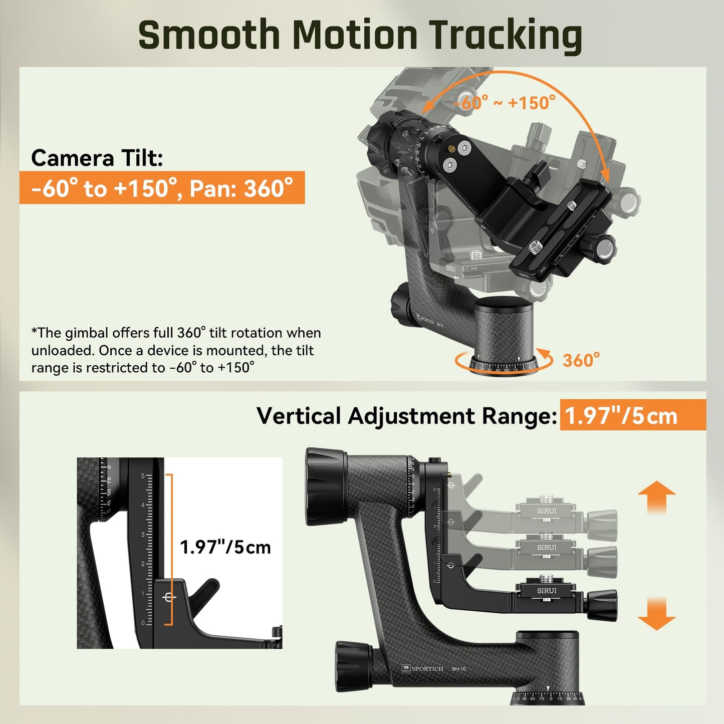 Sportich Heavy Duty SP324 Carbon Fiber Tripod and BH-10 Gimbal Head Kit, Professional for Landscape, Wildlife, Bird Photography, Sports, Long Telephoto, Video Tracking, Supports up to 33lbs/15kg