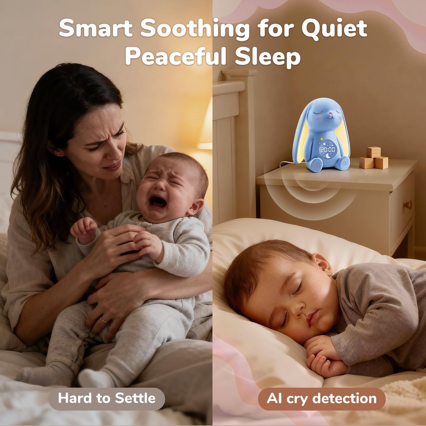 Mom's Choice Awards丨Bunny White Noise Sound Machine Baby for Sleep- AI Cry Detection, 100 Soothing Sounds, 5-Year APP Access Included, Easter Gifts for Baby, Night Light & Sleep Trainer, New Mom Gift