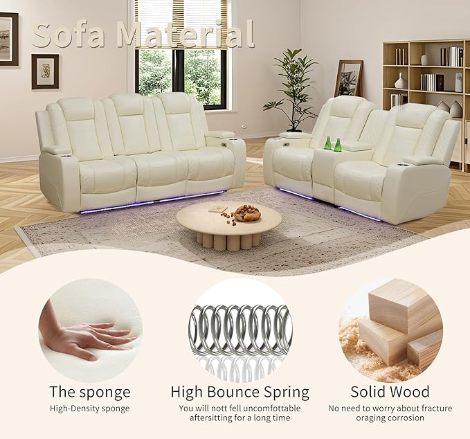 Caberryne Power Recliner Sofa Set with LED Lights,Leather Reclining Couch and Loveseat Set with USB Port/Coffee Table/Cup Holder,Living Room Set with 4 Recliner Seats for House(2 Piece Set,Creamy)