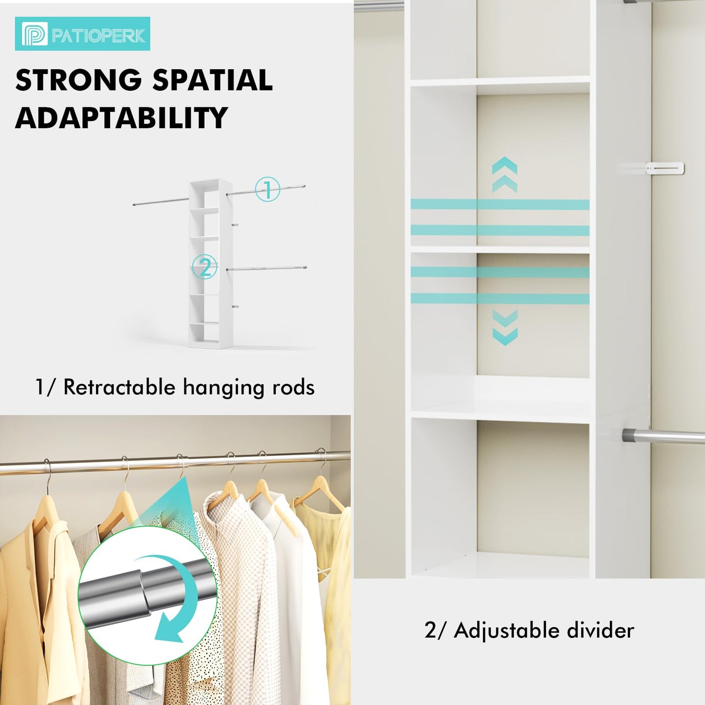 PatioPerk Walk in Closet Organizer System - Built-in Garment Rack with 6 Shelves and 3 Extendable Hanging Rods, Wall Mounted Clothes Organizers Storage Systems for Bedroom