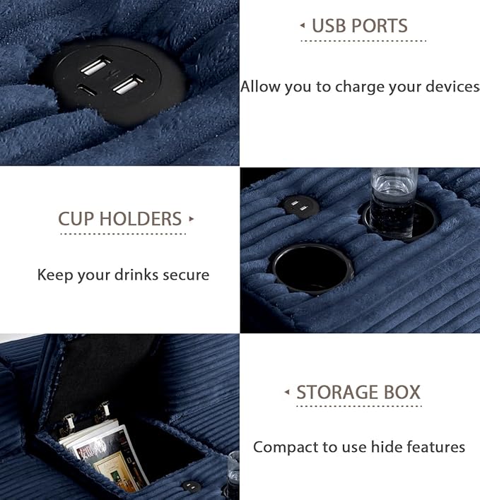 150" Oversized Modular Sectional Sofa,Deep Seat Cloud Corduroy Boneless Couch with Cup Holders,USB Ports, Wireless Charging & Storage Box,Upholstered Modular Sleeper Sofa for Living Room (Blue)