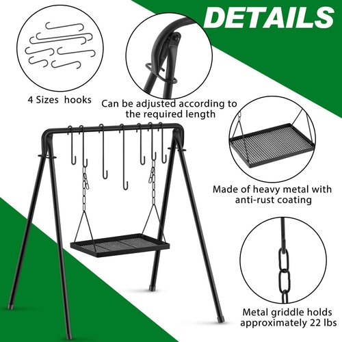 Rossesay Campfire Swing Grill Stand Adjustable Grill Cooking Stand Hanging Rack with 8 Hooks and Accessories Campfire Cooking Equipment for BBQ Picnic Outdoor Party(Normal Tray)