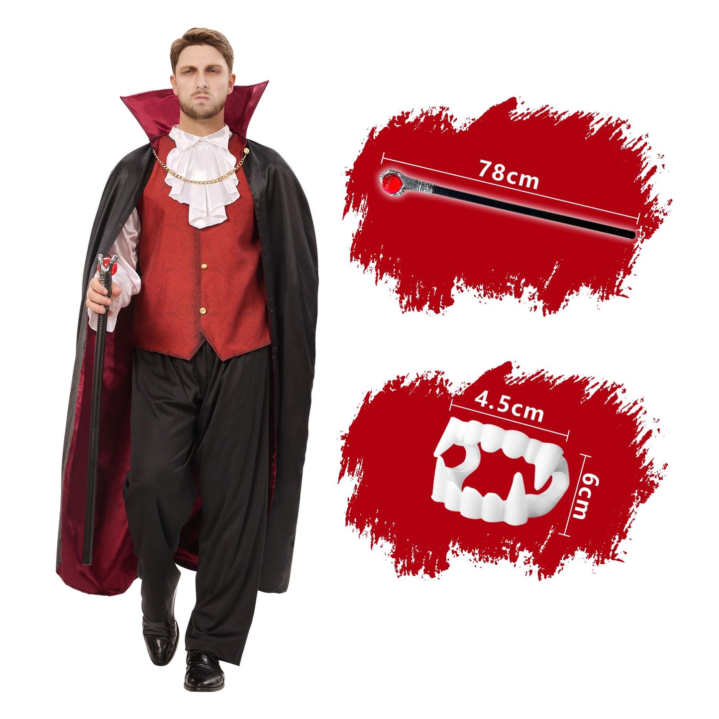 Joyful Start Vampire Costume Men Adult, Mens Vampire Costume with Vampire Cape and Vampire Teeth, Halloween Costumes Men Adult Dress Up XL