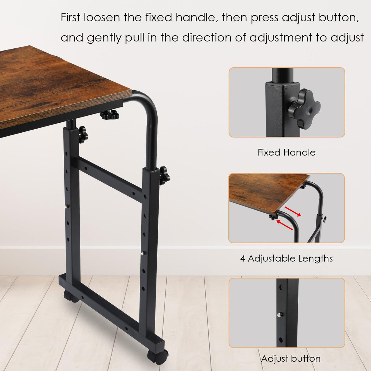 Arlopu Overbed Table with Wheels,60.6-84.2 inches Mobile Bed Desk,Rolling Computer Desk, Laptop Cart,W/0-65°Tilt Stand,4 Heights and 6 Lengths,Side Storage Basket,for Home,Office and Hospital (Brown)