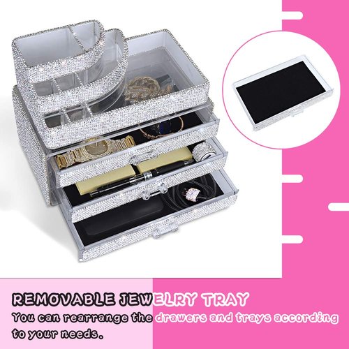 KEYPOWER Makeup Organizers Drawer Bling Diamond,Countertop Jewelry Cosmetic Storage Display Boxes,Makeup Brush Holder,2 Pieces Set(Purely Handmade)(White)