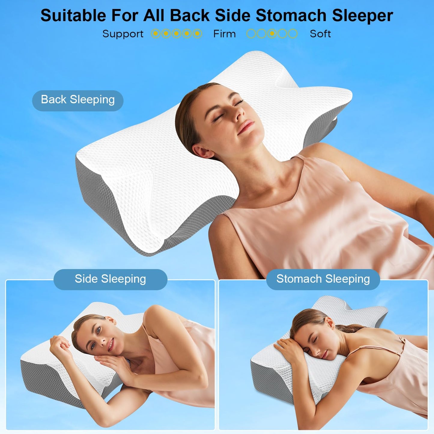 Anvo Cervical Pillow for Neck Pain Relief, Neck Pillows for Pain Relief Sleeping, Memory Foam for Back and Shoulder Pain, Ergonomic Design for Side Back Stomach Sleeper, Cream Soft Queen