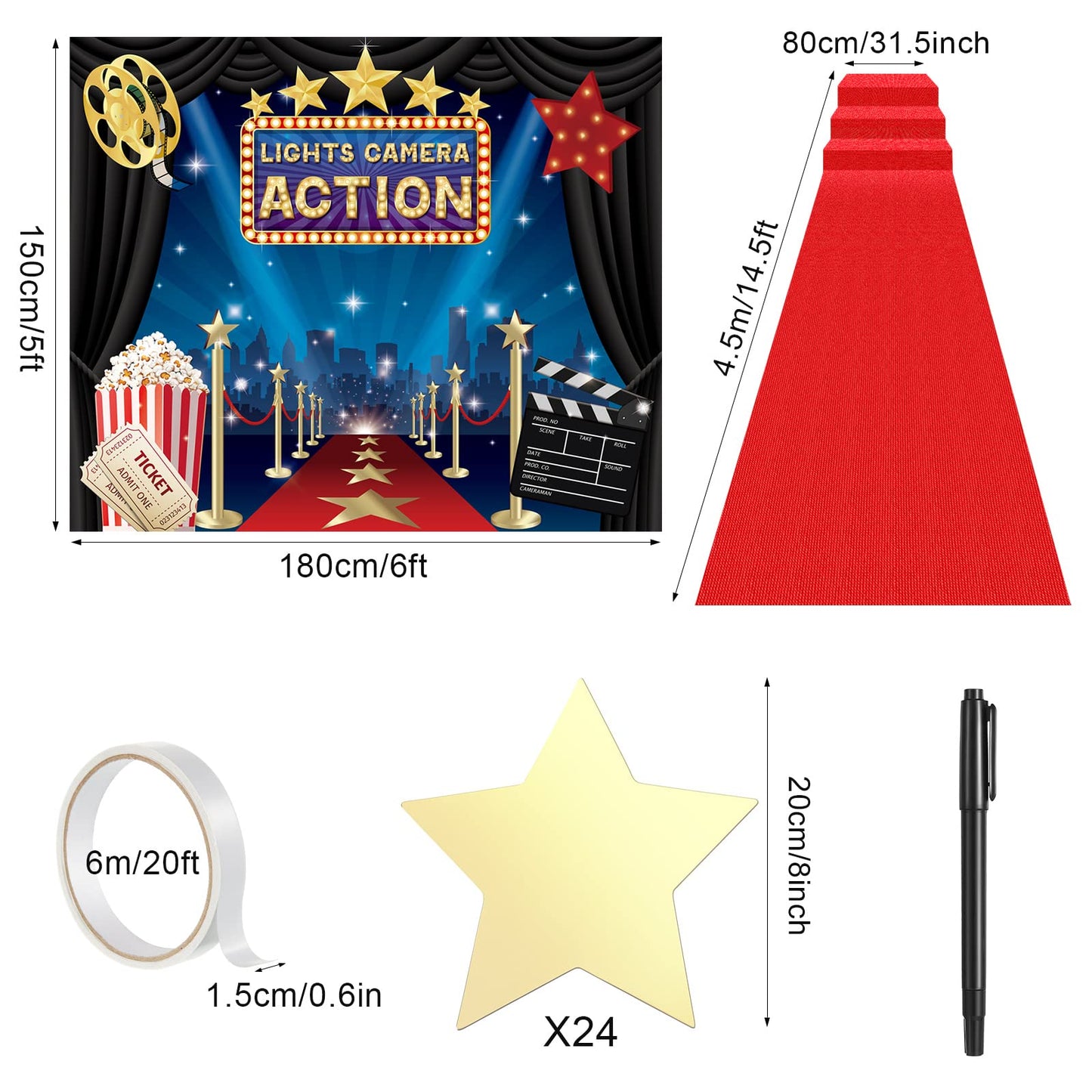 Frienda 6 X 5 Ft Movie Theme Photography Backdrop Red Carpet Party Decorations Red Runner 2.6 X 15 Ft With Carpet Tape And 24 Pi