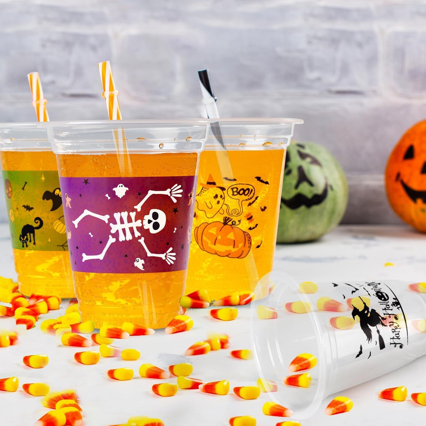 GuassLee 50 Pack Disposable Halloween Cups - Clear 12Oz Disposable Plastic Cups Set with 5 Styles Patterns for Kids Adults Halloween Party Favors Coffee Wine Hot Cold Drinks