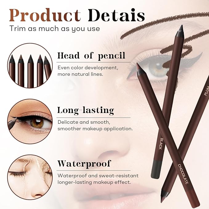 GlamStroke 24 Hr Waterproof Eyeliner Pencil, Long Lasting Sharpenable Eye Liner, No Smudge, No Fade, Smooth Glide for Precise Eye Makeup (7PCS)