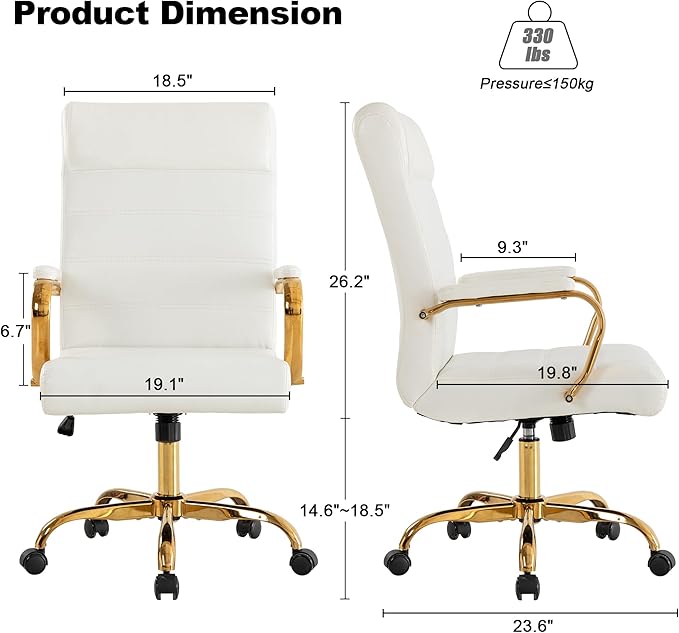 BOWTHY White and Gold Office Desk Chair, Modern Leather Conference Room Chairs, High Back Ergonomic Home ofiice Chair, Adjustable Height Swivel Executive Computer Chair with Padded Seat and Armrest