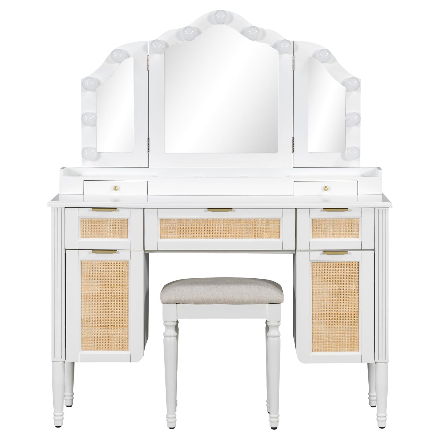 Merax 44.37 inch Makeup Vanity Desk with 13 Hollywood Bulbs & Tri-Fold Mirror, Dressing Table with 5 Drawers, Shelves, Charging Station (2 AC Outlets + USB + Type-C), 3 Lighting Modes, White