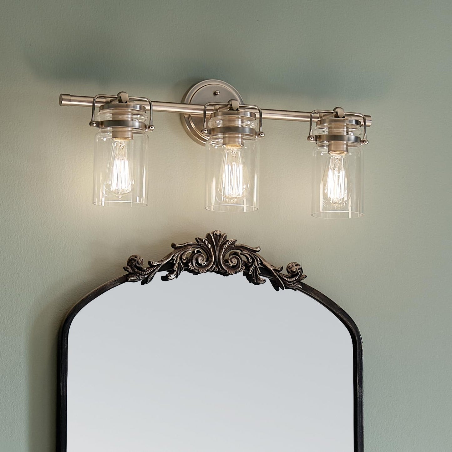Kichler Brinley 24" Vanity Light in Brushed Nickel, 3-Light Farmhouse Bathroom Vanity Light with Clear Glass, (24" W x 10" H), 45689NI