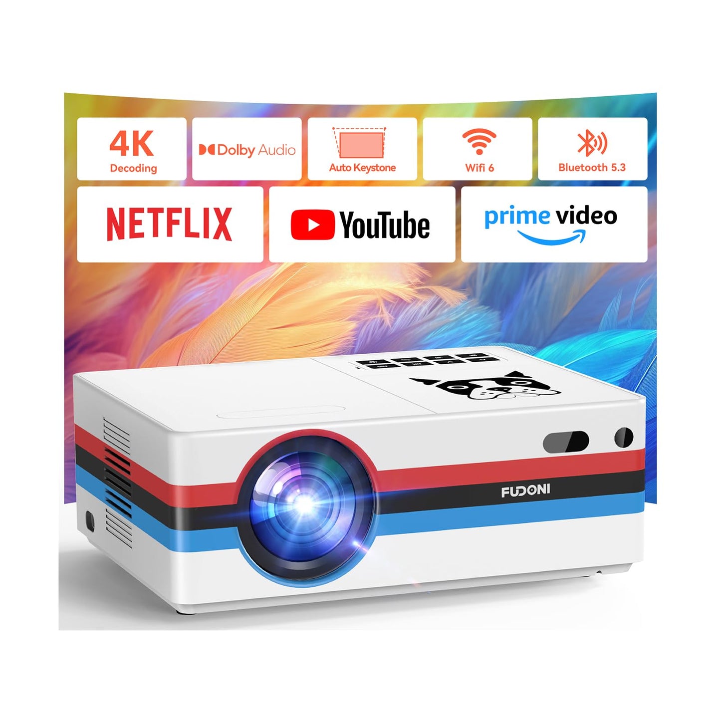 [Compatible with Netflix, 2000 ANSI] Smart Projector with WiFi 6 and Bluetooth 5.3, Electric Focus Auto Keystone, Native 1080P Outdoor Movie Projector with PrimeVideo/YouTube, for HDMI/USB/iOS/Android