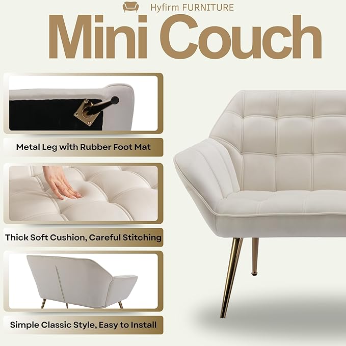 Hyfirm Small Loveseat Sofa, 48 inch Velvet Love Seat for Living Room Comfy Mini Couch with Gold Legs for Small Spaces Bedroom Apartment Office, Cream
