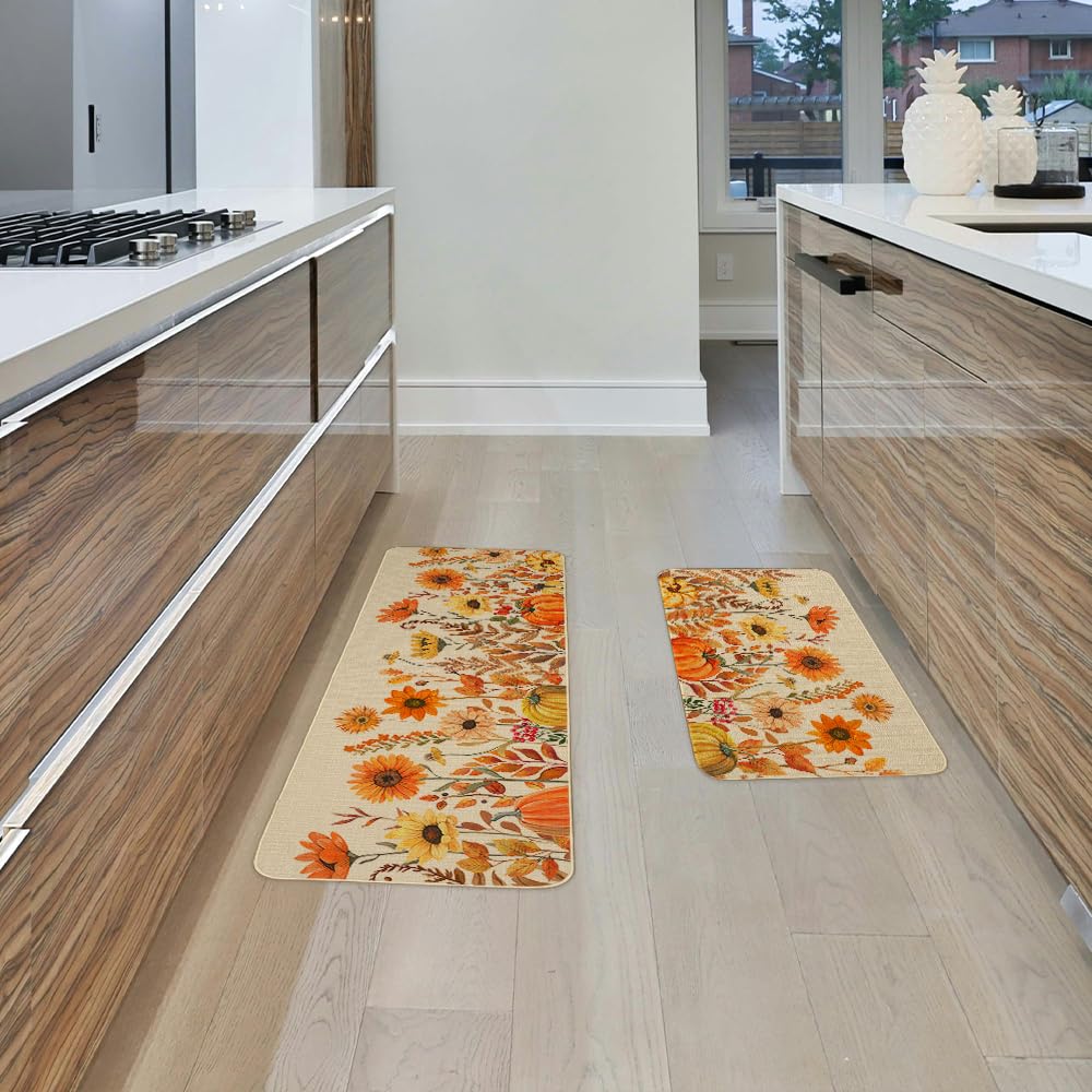 ARKENY Pumpkin Sunflower Fall Kitchen Mats Set of 2, Autumn Kitchen Mats for Floor,Thanksgiving Non Skid Washable Kitchen Rugs and Mat - 17x29 and 17x47 Inch-AKM078