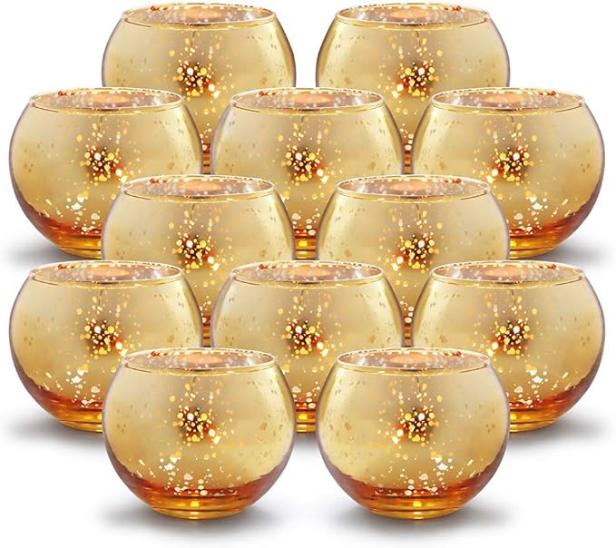 Volens Round Gold Votive Candle Holders, Mercury Glass Candle Holder Set of 12, Christmas Decorations for Table