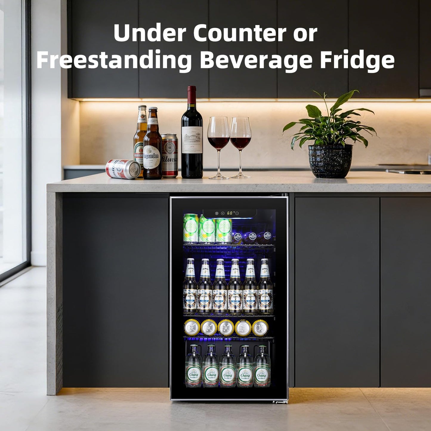 Antarctic Star Mini Fridge -130 Can Beverage Refrigerator CoolerGlass Door for Soda Beer or Wine Constant Glass Door Small Drink Dispenser for Home, Office Bar 3.2cu.ft