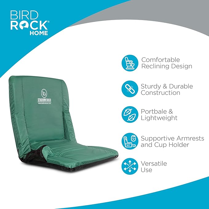 Stadium Boss Recliner Stadium Seat for Bleachers, Benches, Lawns, Backyard, Camping & Beach – Padded Sport Chair, Cushion Backs & Armrest – 6 Reclining Positions – Portable Carry Straps – Dark Green