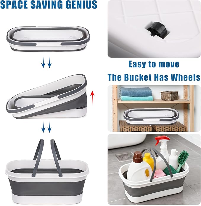 Flat Mop and Bucket Set with Heavy Duty Scrub Brush, 2 Washable Reusable Microfiber Pads, for Tile Hardwood, Wall Cleaning, Home Indoor or Outdoor Cleaning (White-Gray)