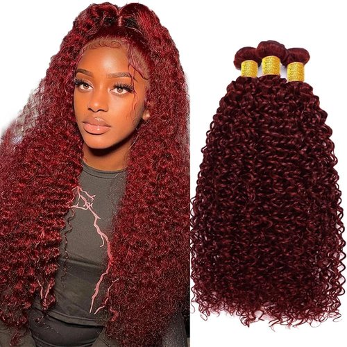 Aikebi Brazilian Human Hair Bundles 18 20 22 Inch Burgundy 99J Jerry Curly Bundles Human Hair 100% Unprocessed 10A Hair Weave for Black Women Soft Sewn In with Double Weft