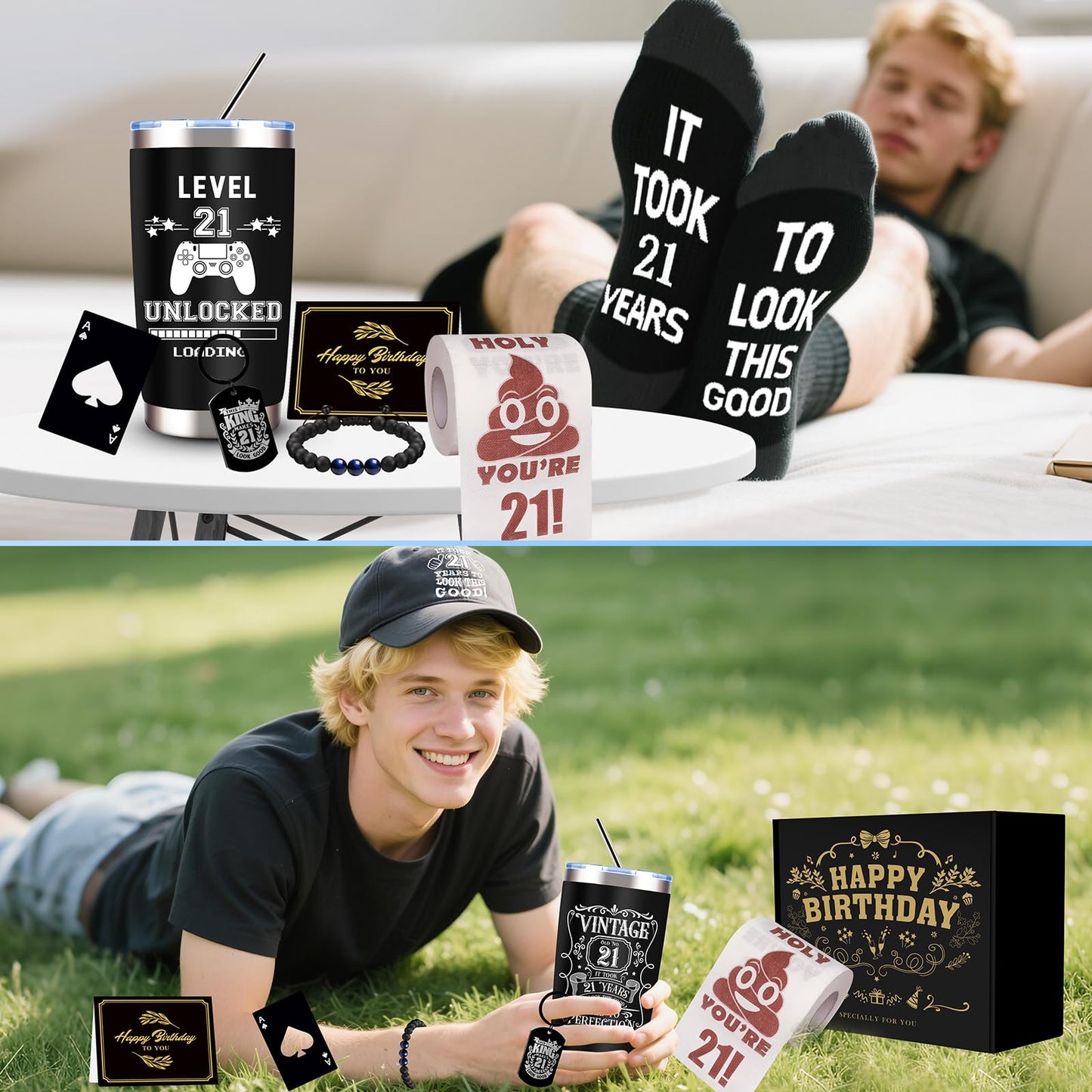 JTAMOHI 9 Pcs Happy 21th Birthday Gifts for Boys, 21 Year Old Boy Birthday Gifts with 20 Oz Tumbler, Funny Socks, Toilet Paper, Bracelet, Baseball Cap, Keychain for Son, Nephew, Grandson, Brother