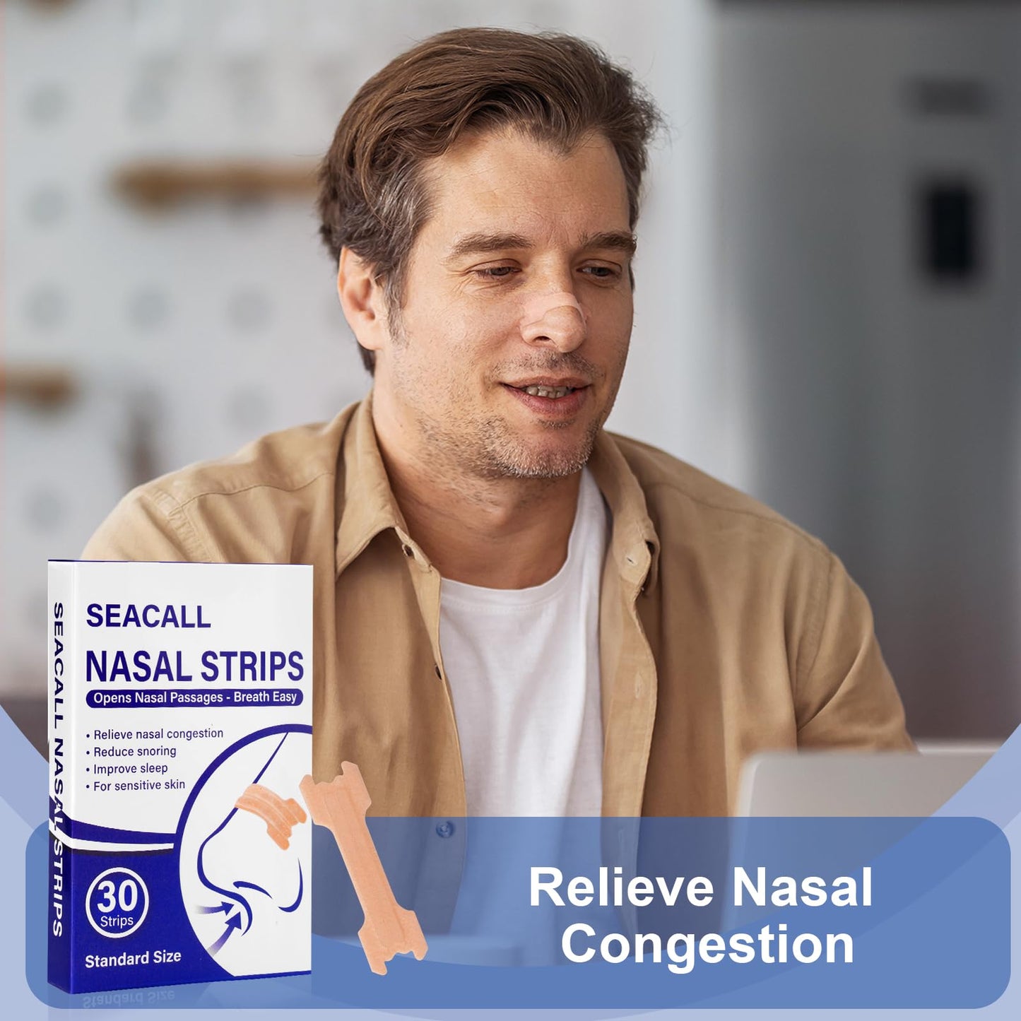 SEACALL 30Ct Nasal Strips for Breathing - Sleep Nose Strips for Snoring, Instant Reduces Nasal Congestion for Better Sleep, Drug Free, Anti Snoring Nose Tape for Men & Women