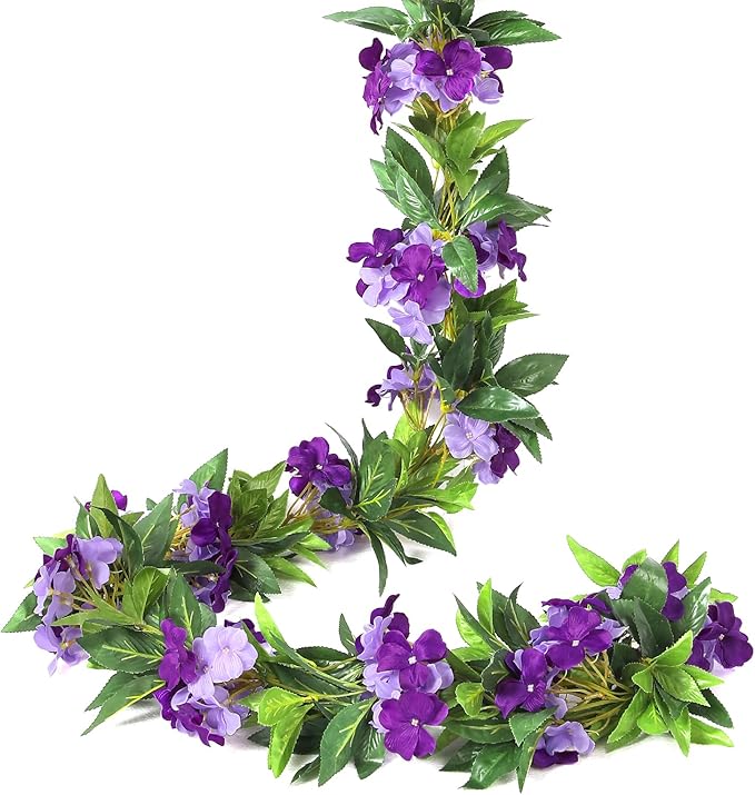 Floweroyal 4 Pack Artificial Flower Garlands 15.8FT Fake Impatiens Vines Silk Flowers Hanging Impatien Ivy for Wedding Arch Party Home Garden Wall Decor (Purple)