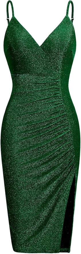 oten Women's Sexy Sparkle Dresses V Neck Spaghetti Straps Ruched Slit Bodycon Cocktail Party Midi Dress