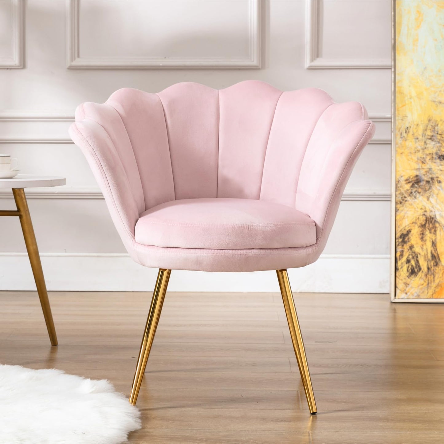 chairus Chair, Mid Century Modern Retro Leisure Velvet Accent Chair with Golden Metal Legs, Vanity Chair for Bedroom Living Room Dresser, Upholstered Guest Chair(Light Pink)