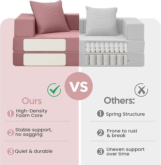 COMAX Futon Sofa Bed, 4‑in‑1 Convertible Sofa Bed, Folding Boneless Couches for Living Room, Fold Out Small Foldable Loveseat Floor Sleeper Comfy Mattress Lounge Space‑Saving, Pink