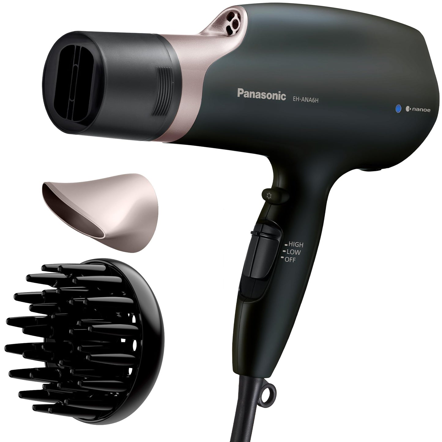 Panasonic Nanoe Salon Hair Dryer with Quick-Dry Oscillating Nozzle, Diffuser Attachment for Curly, Wavy Hair, 3-Speed Heat Setti