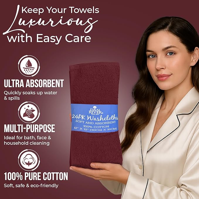DAN RIVER 24 Pack Wash Cloths for Showering [12x12] - 100% Cotton Washcloths Premium Quality Flannel Face Cloths for Bathroom, Highly Absorbent and Soft Feel Wash Clothes, Pomegranate