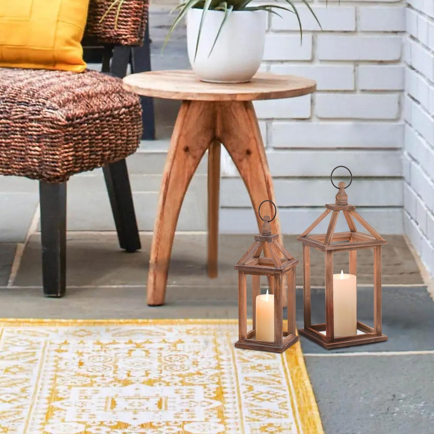 Staymoment Wooden Lanterns Decorative Indoor Set of 2: Hanging Farmhouse Lantern Candle Holder for Table Centerpiece Fireplace Mantle Shelf Home Decor Wedding Decoration