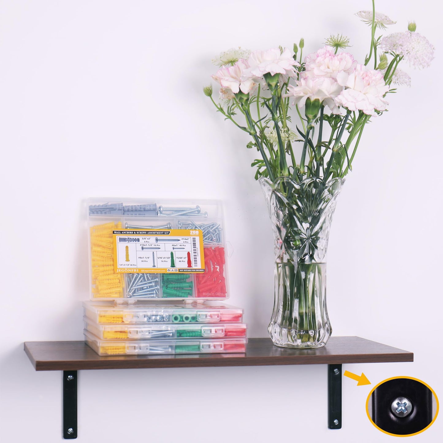 JEGONFRI 208PCS Drywall Anchors and Screws Assortment Kit, Wall Anchors and Screws Kit, 4 Sizes Plastic Anchors and Matched Phillips Pan Head Screws
