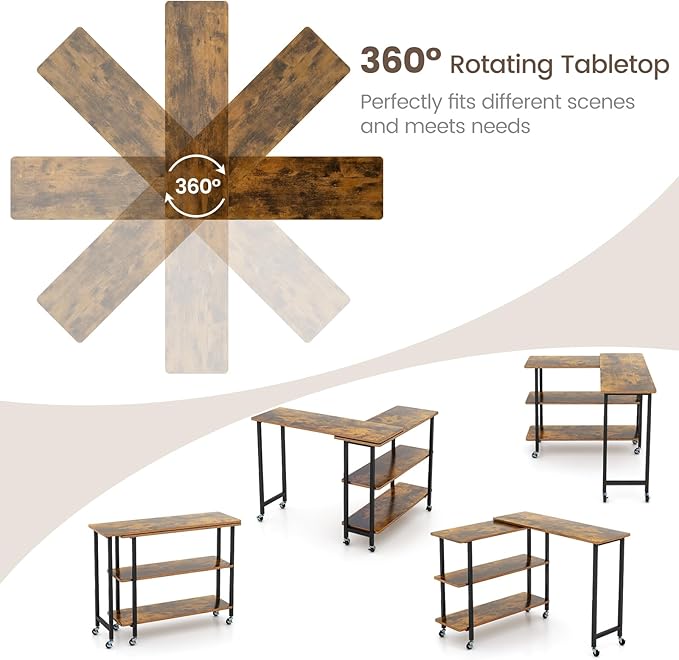 Giantex 360° Free Rotating Sofa Side Table, Mobile L-Shaped Laptop Desk with Sturdy Metal Frame, 6 Universal Casters, Movable Couch Snack Table with 2-Tier Storage Shelf for Home (Brown)