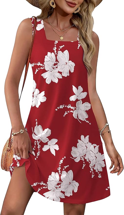 OFEEFAN Womens Square Neck Tank Dresses 2025 Summer Spring Loose Swing Sundresses with Pockets Plain/Print