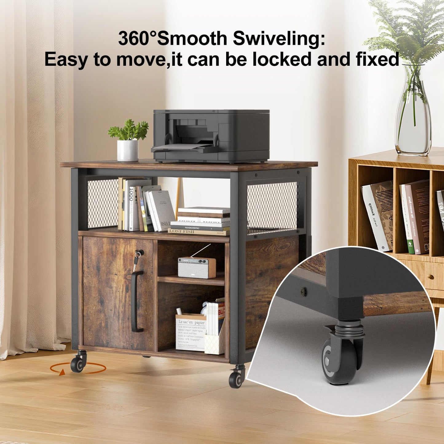 URLINE Lateral File Cabinet, Locking Office Filing Cabinets with Socket and USB Charging Port,printer cart with storage，Modern Rolling Printer Stand with Storage for Printer Scanner Fax，Brown