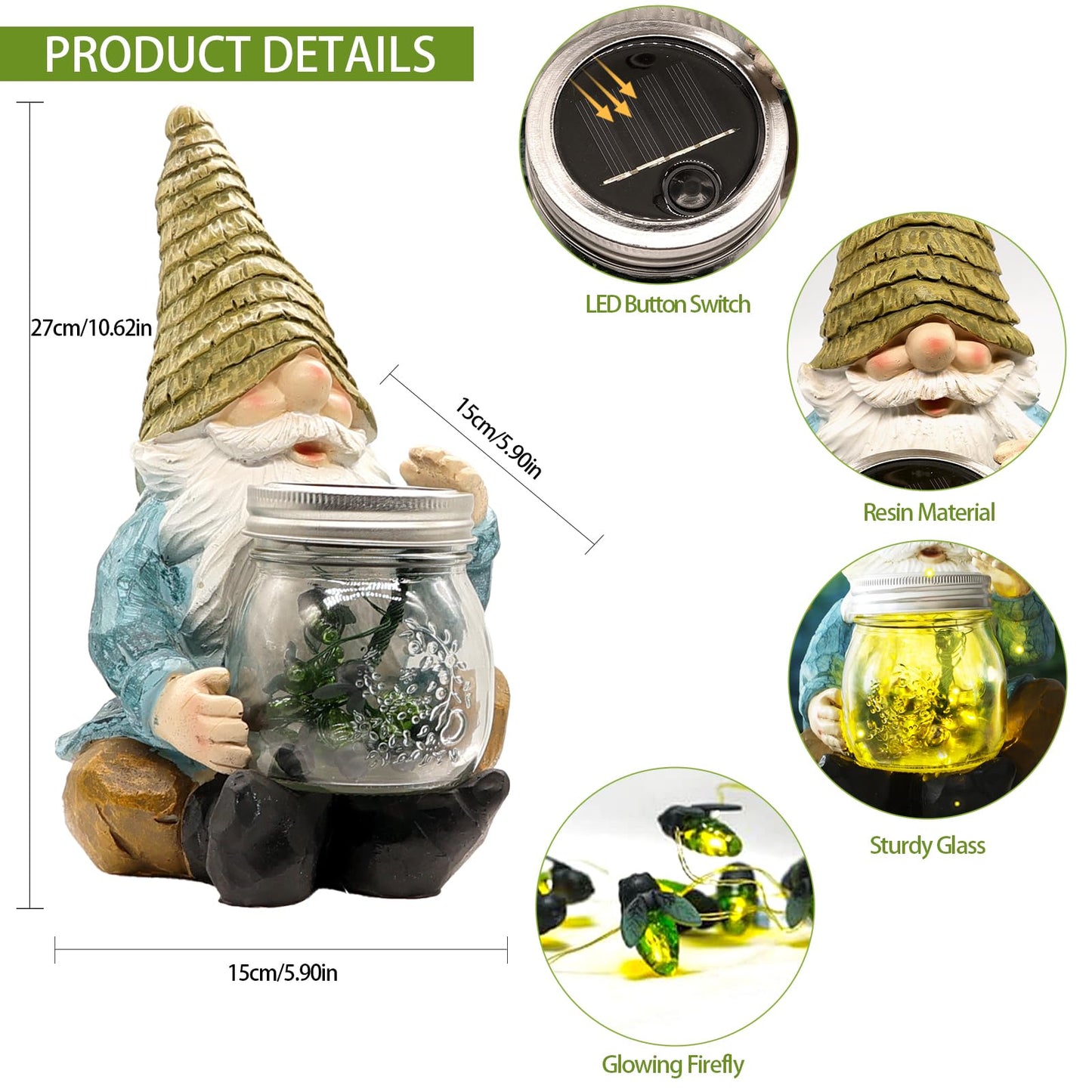 Vcdsoy Solar Firefly Jar Gnome Waterproof- Large Garden Gnome Funny Solar Outdoor LED Lights Resin Statues 10.6" Lantern Figurines Decorations Birthday Gifts for Mom Women - Unique Housewarming Gifts