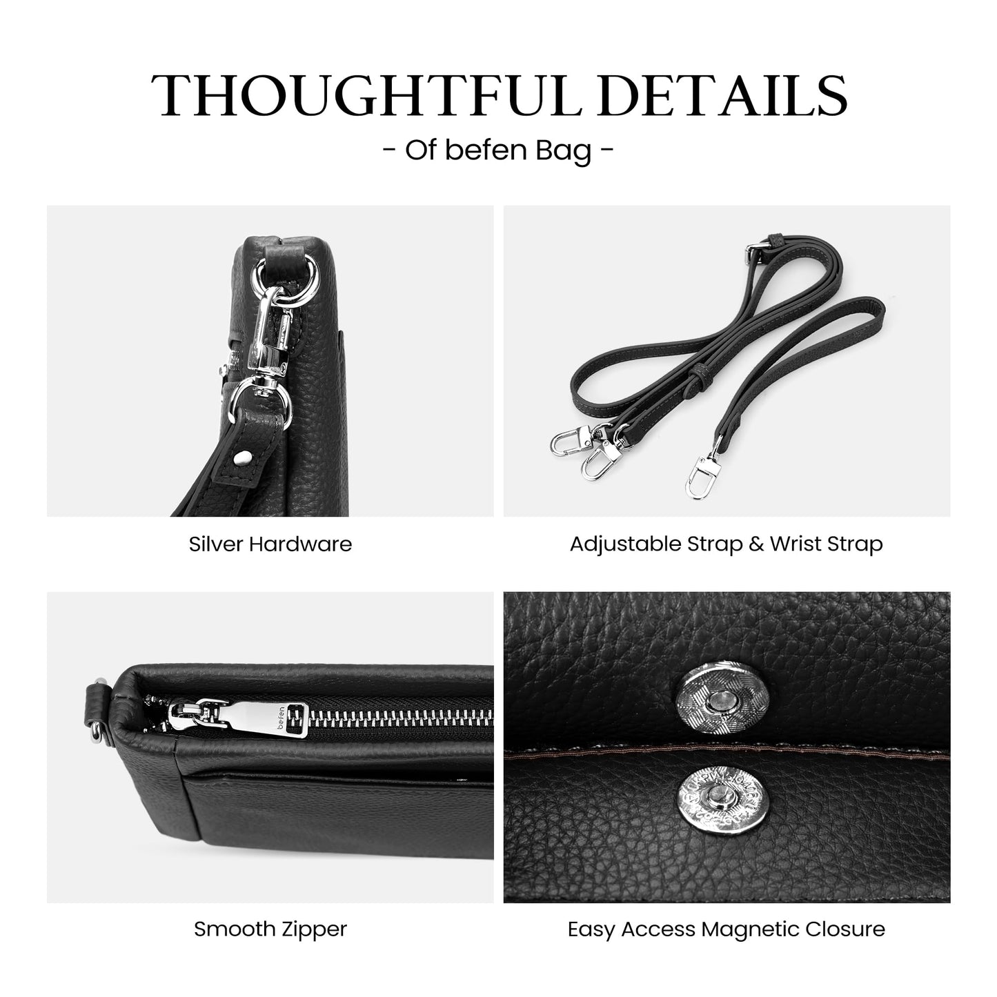 befen Genuine Leather Wristlet Wallets for Women Black Clutch Purse RFID Blocking Small Crossbody Bags Soft Real Leather Purse Trendy Wrist Wallet Travel Women Shoulder Handbag with 2 Removable Straps