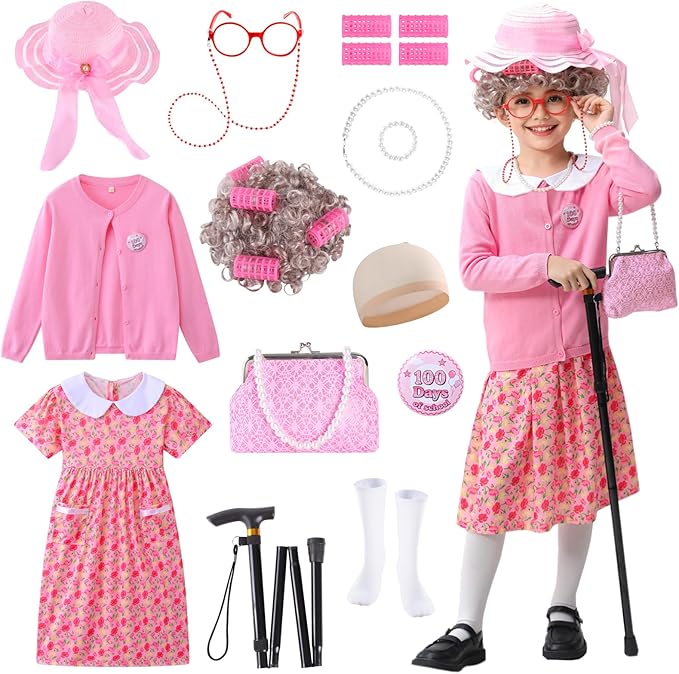 ZelJoyla Old Lady Costume for Kids 100 Days of School Costume for Girls 13 pcs 100th Day of School Granny Old Lady Dress Up