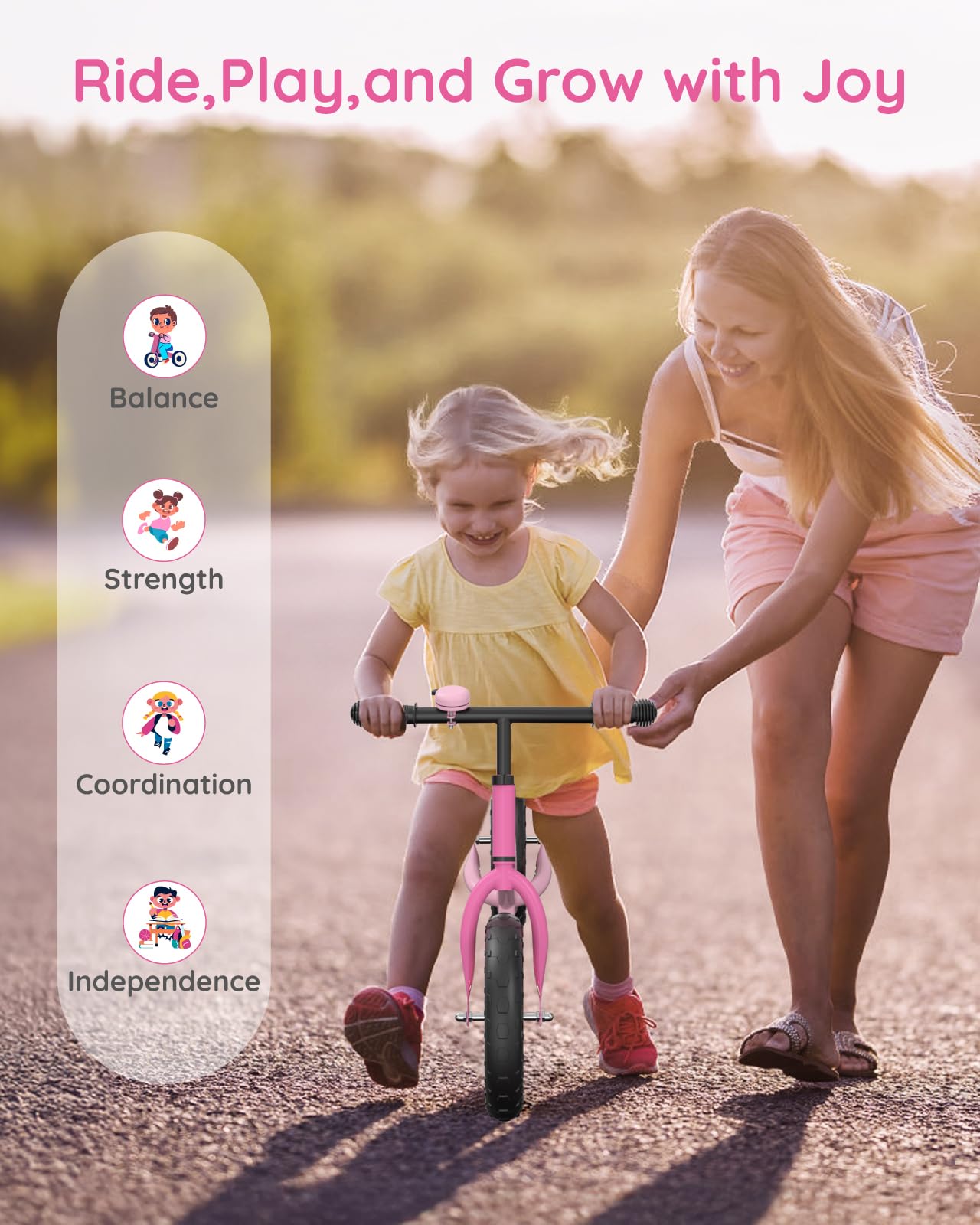 Lilian&Gema Toddler Balance Bike Colorful Lighting, 12'' Kids Balance Bike for 2-5 Years Old with Adjustable Seat & Handlebar, Toddler Gift Bike Suitable for Boys and Girls Ages 2 3 4 5, Pink